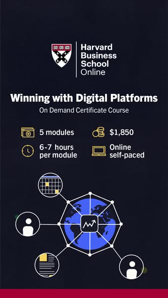 This ad for Harvard Business School Online promotes a certificate course in winning with digital platforms. The ad prese
