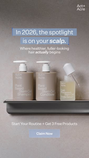 The image ad for Act+Acre shows three hair products against a neutral background. The ad includes the text, "In 202