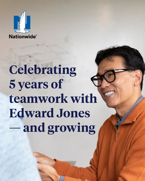 This ad celebrates Nationwide's 5-year partnership with Edward Jones. It features a photo of an Asian man, presumabl