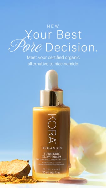 This ad promotes Kora Organics' Turmeric Glow Drops as a certified organic alternative to niacinamide for improving 