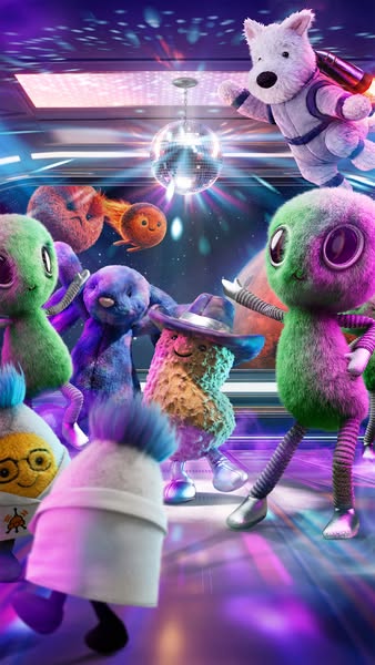 An image ad featuring a group of stuffed animal toys partying at a disco.