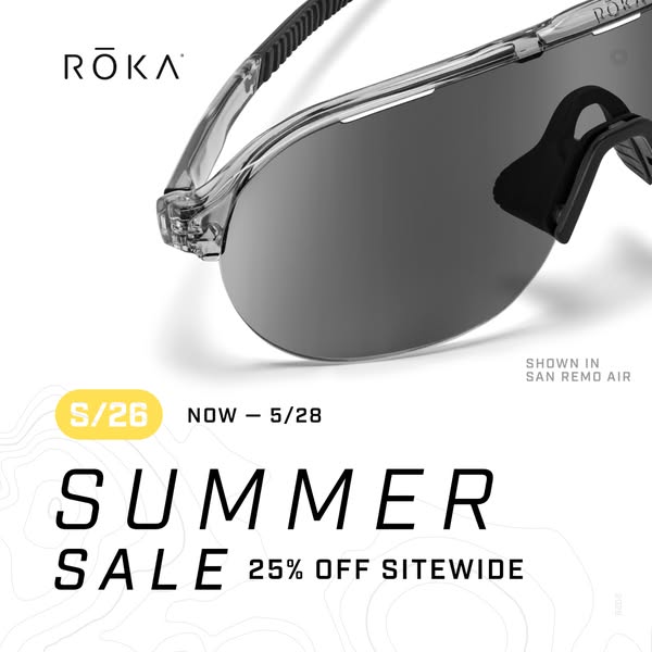 This image ad promotes a summer sale on ROKA eyewear, offering 25% off sitewide from May 26th to May 28th. The ad featur