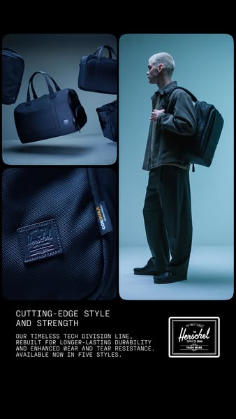 This ad highlights the Herschel brand and it's line of durable, cutting edge luggage and bags.