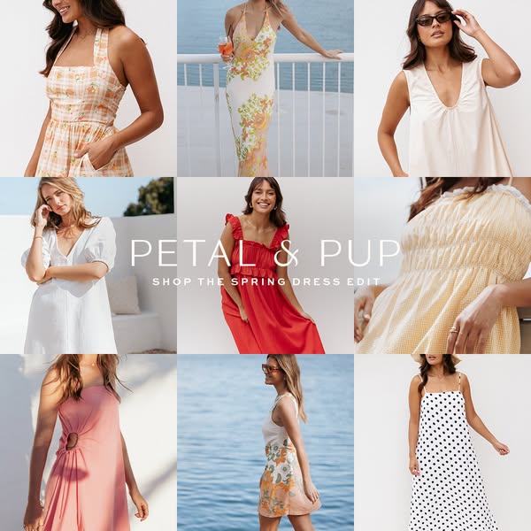 This image ad uses a grid layout to showcase a range of dress styles available from Petal & Pup. It is promoting the