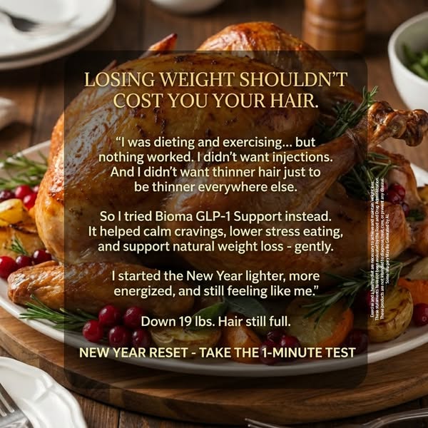 This image ad for Bioma GLP-1 Support features a holiday-themed presentation of a turkey dinner on a plate. The ad's