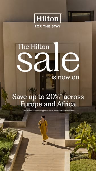 This image ad promotes a Hilton sale offering up to 20% off stays across Europe and Africa. The ad features an elegant h