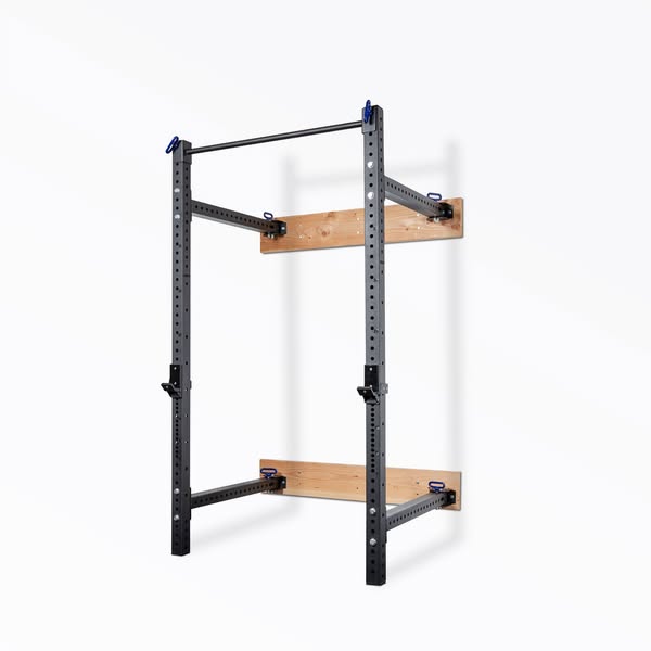 This ad features a wall-mounted weight rack, emphasizing its space-saving design and suitability for home gyms.