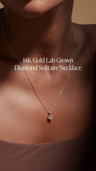 This ad showcases a 14K gold lab grown diamond solitaire necklace. The ad focuses on the necklace itself, highlighting i