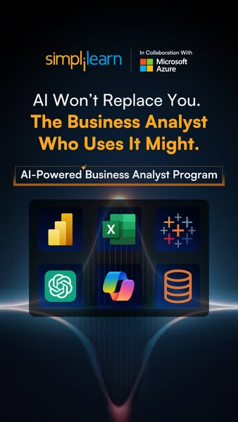 This ad promotes Simplilearn's AI-Powered Business Analyst Program, emphasizing that business analysts who use AI to