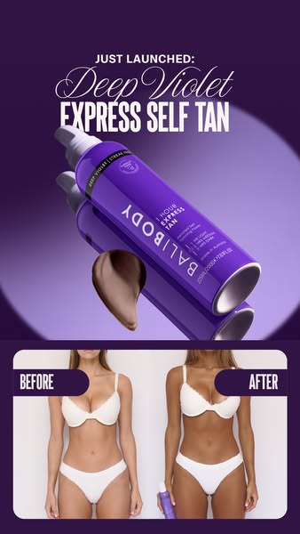 This ad showcases the BaliBody Deep Violet Express Self Tan product with a before and after transformation and promotes 