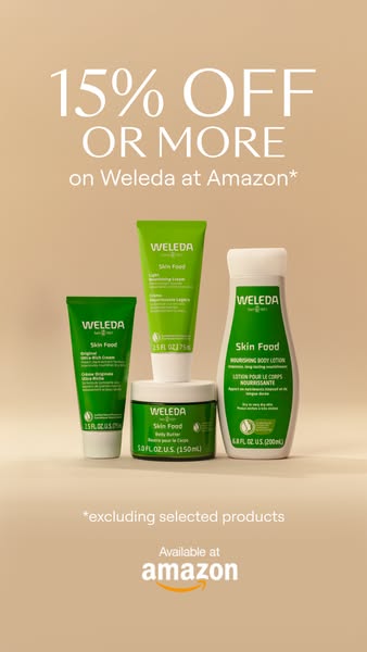 This ad promotes Weleda products available on Amazon, offering a discount of 15% or more. It features a variety of Weled