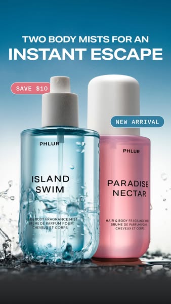 Ad featuring two Phlur body mists: Island Swim and Paradise Nectar. The ad promotes the mists as an instant escape and m