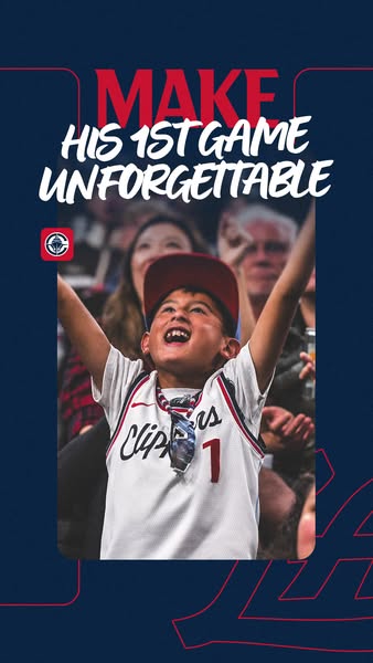 This ad promotes the Los Angeles Clippers basketball team. It features a young fan at his first game, with the headline 