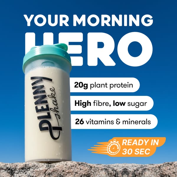 This ad promotes Plenny Shake as a quick and nutritious morning option. It highlights the shake's key features, such