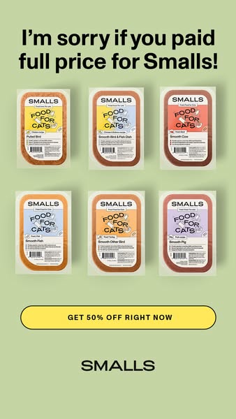 This ad features a range of Smalls cat food flavors and offers a 50% discount.
