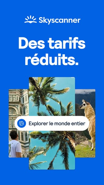 This ad for Skyscanner uses a simple image of travel destinations to promote discounted rates and encourage users to exp