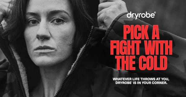 This image ad for Dryrobe features a close-up of a woman wearing a Dryrobe, with the headline "PICK A FIGHT WITH TH