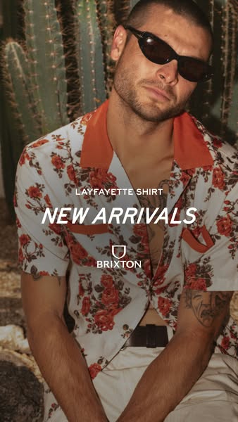 The ad features a sun-drenched image of a male model wearing the LAYFAYETTE shirt from BRIXTON. The text overlay highlig
