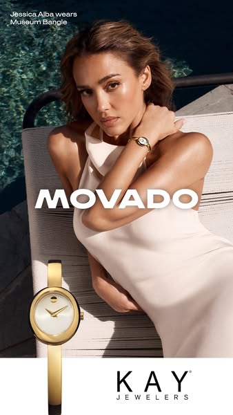 An ad showcasing a Movado Museum Bangle watch, worn by Jessica Alba, and sold at Kay Jewelers.