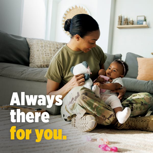 This image ad features a woman in military uniform sitting on the floor with a baby. The text overlay reads, "Alway