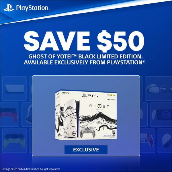 The ad showcases a limited edition "Ghost of Yotei" PlayStation 5 console, highlighting its availability exclu