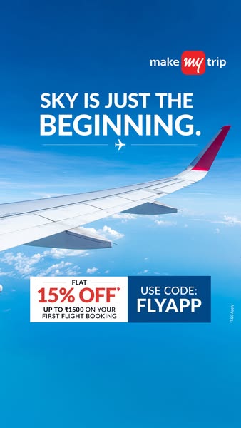 This image ad for MakeMyTrip uses a view of an airplane wing in flight to promote a 15% discount on first flight booking