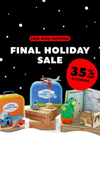 This image ad promotes Little Passports with a final holiday sale offering 35% off sitewide and free rush shipping.