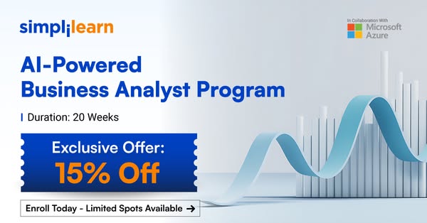 This ad promotes Simplilearn's AI-Powered Business Analyst Program, highlighting its duration and offering an exclus