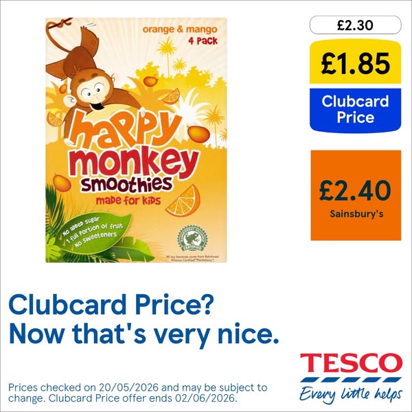 An advertisement shows the Happy Monkey orange & mango smoothie package next to two competing brands, Tesco and Sain