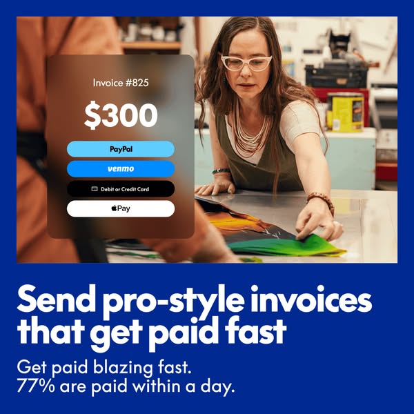 This image ad promotes a service that allows users to send professional-style invoices and get paid quickly. It highligh