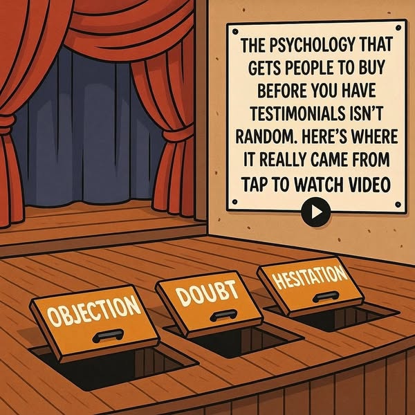 This image ad uses a cartoon illustration of a stage with trap doors to represent and address common customer objections