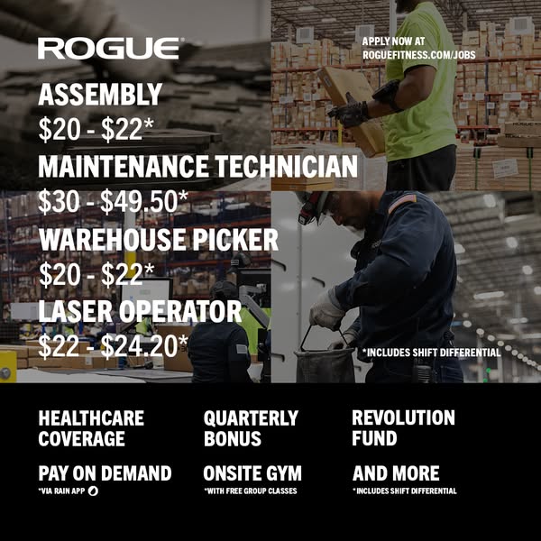 This image ad is for Rogue Fitness, advertising job openings for Assembly, Maintenance Technician, Warehouse Picker, and