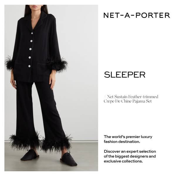 This image ad features a woman wearing a black pajama set with feather trim from the brand Sleeper, sold by Net-A-Porter