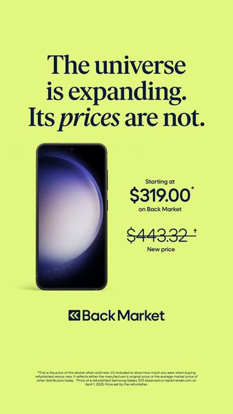 This ad for Back Market features a smartphone and highlights the price difference between buying new and buying from Bac