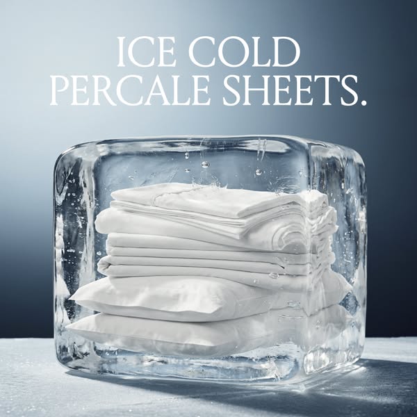 This ad features a stack of white percale sheets frozen inside a block of ice to highlight the sheets' cooling prope