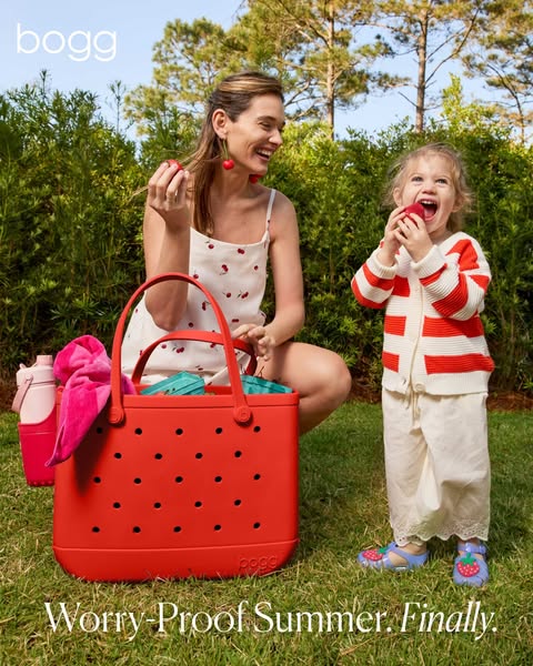 This ad showcases a Bogg Bag being used by a mother and daughter. The Bogg Bag is featured in a natural outdoor setting,