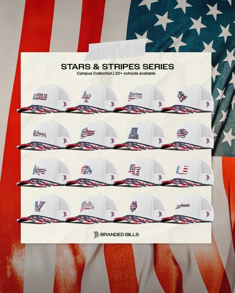 This ad displays a variety of white hats with red, white, and blue designs on the brim and college team logos on the fro