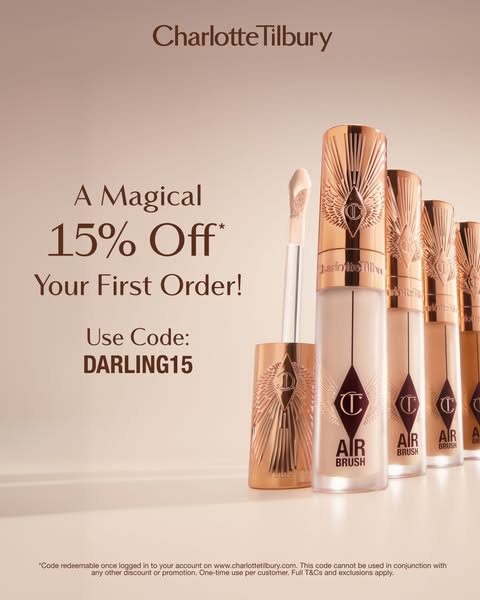 This image ad by Charlotte Tilbury showcases their Airbrush flawless finish concealer, and announces a promotion for 15%