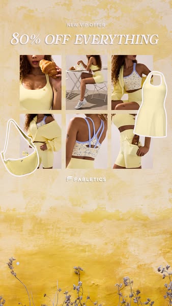 This Fabletics ad promotes a VIP offer of 80% off everything. The ad features a grid of images showcasing a woman wearin