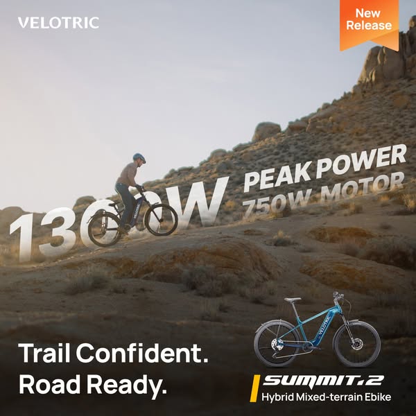 This image ad promotes Velotric's Summit 2 Hybrid Mixed-terrain Ebike by highlighting its ability to handle both tra