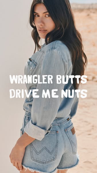 The ad is an image of a woman wearing a light denim shirt and jean shorts. Text overlayed on the image says, 'Wrangl