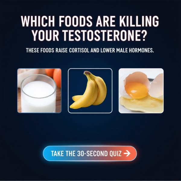 This image ad highlights foods that may lower testosterone levels and encourages viewers to take a 30-second quiz.