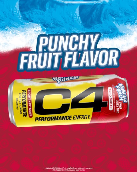 This ad features a can of C4 Hawaiian Punch energy drink with text that calls out its punchy fruit flavor.