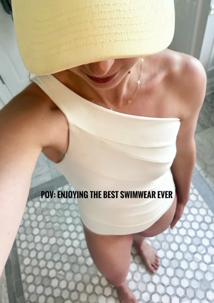 A first-person view of a customer wearing the brand's swimwear with the caption "POV: ENJOYING THE BEST SWIMWEA