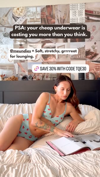 This image ad from MeUndies features a woman lounging in bed reading a magazine while wearing a matching bra and underwe