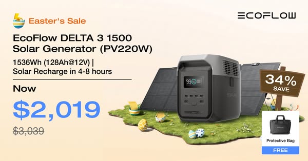 This image ad promotes the EcoFlow DELTA 3 1500 Solar Generator, emphasizing its discounted price during an Easter sale.