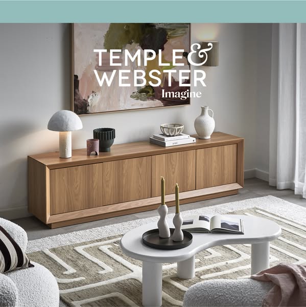 This ad showcases Temple & Webster's furniture and home decor items in a lifestyle setting, emphasizing the bran