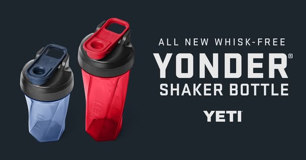 This ad features the Yonder Shaker Bottle from Yeti. The image shows two shaker bottles in different colors along with t