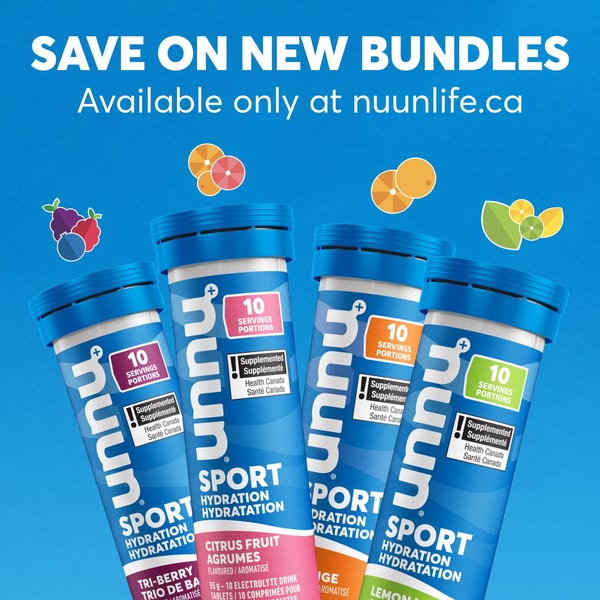 The image ad displays four Nuun Sport Hydration tablets, promoting a discount on new bundles available on their website.