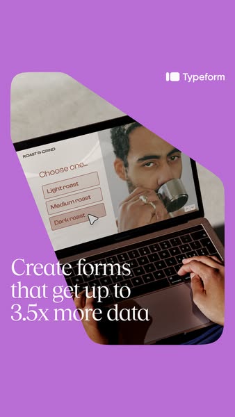This ad promotes Typeform, a platform that helps users create forms that get up to 3.5x more data. The ad features a lap